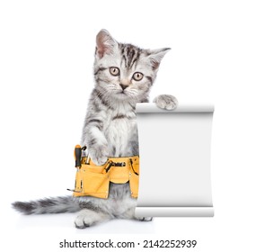 Funny Cat Wearing Toolbelt Holds Empty List.  Isolated On White Background.