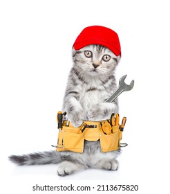 Funny Cat Worker With Toolbelt And Wrench.  Isolated On White Background