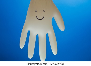 Funny Character Made Of Rubber Glove. Copy Space. Medicine For Kids. Medical Gloves. Entertain Children At Hospital 