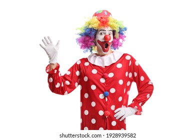 Funny cheerful clown waving isolated on white background