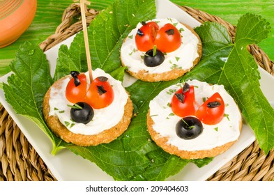 Funny Cheese And Tomato Crackers Decorated As Ladybirds,  A Kid Snack