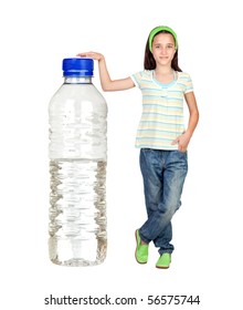 Funny Child With A Big Water Bottle Isolated On White Background