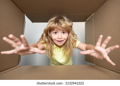 Funny Child Boy Is Opening Gift And Looking Inside Cardboard Box. Child With Open Box Take By Hand Gift.