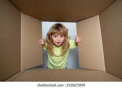 Funny Child Boy Is Opening Gift And Looking Inside Cardboard Box. Children Expression Surprised Face.