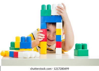 Funny Child Boy Playing With Toys, Isolated On White Background