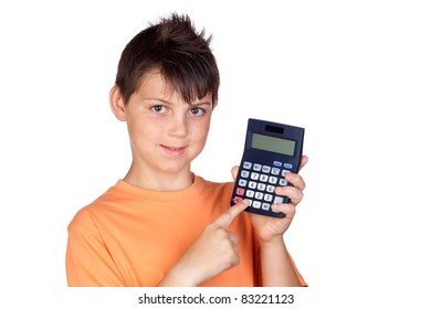 Funny Child With A Calculator Isolated On White Background