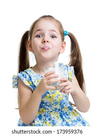 Funny Child Girl Drinking Yogurt Or Kefir