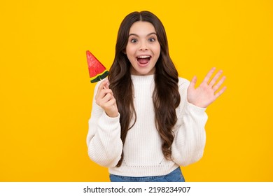 Funny Child With Lollipop Over Yellow Isolated Background. Sweet Childhood Life. Teen Girl With Yummy Caramel Lollipop, Candy Shop. Excited Teenager Girl.