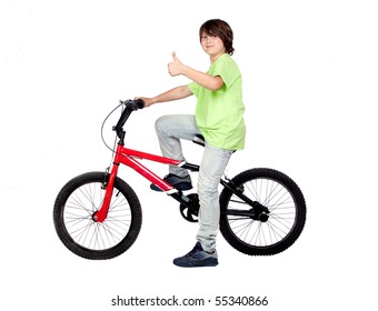 Funny Child Practicing Bike Isolated On White Background