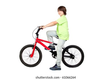 Funny Child Practicing Bike Isolated On White Background