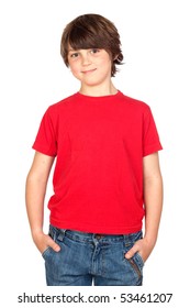 Funny Child With Red Shirt Isolated On White Background