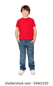 Funny Child With Red Shirt Isolated On White Background