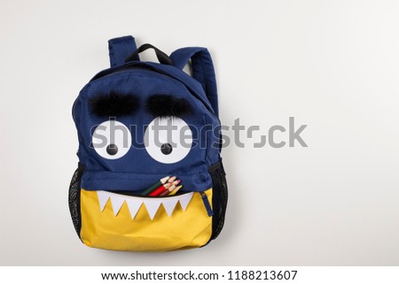 Funny children backpack, open school bag pocket with colored pencils, back to school