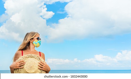 Funny Children In Sunglasses, Inflatable Toys On Tropical Sea Beach. New Rules To Wear Cloth Face Covering Mask At Public Places Due Coronavirus COVID 19. Family Holidays With Children, Summer Travel