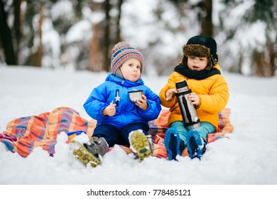 Funny Children Winter Party In Snowy Forest. Kids Male Friends Rest Outdoor At Nature. Young Boys Sharing And Drinking Tea From Thermos. Hot Drinks And Beverage In Cold Weather. Warming In Frost Day