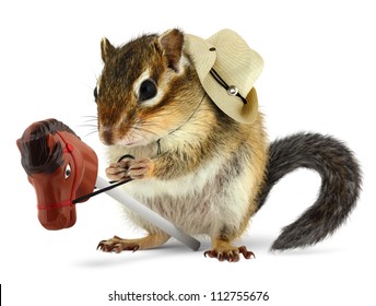 Funny Chipmunk Cowboy With Stick Horse On White