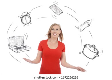 
funny close-up of an expressive young blonde woman juggling with multitudes of tasks drawn on white isolated studio background