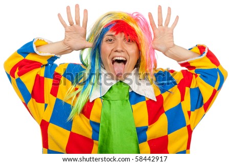 Funny clown girl in rainbow wig