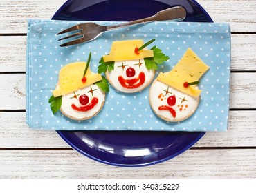 Funny Clown Two Cheese Crackers For Children Breakfast.