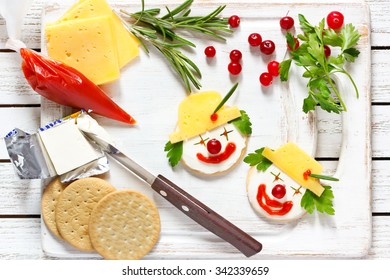 Funny Clown Two Cheese Crackers For Children Breakfast.