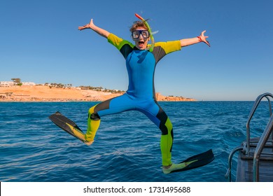 Funny Comical Snorkeling Diver With Flippers Jump In Sea Water
