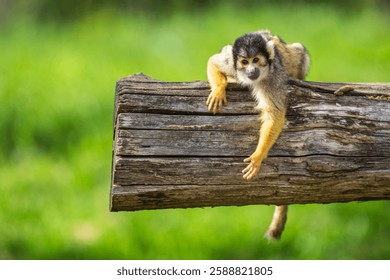 A funny common squirrel monkey playing on a piece of wood in a zoo