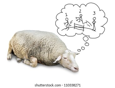 Funny concept of cute sheep with lots of wool, isolated on white counting hand drawn human stickfigures jumping over a fence to fall asleep.