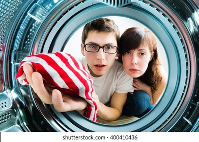 Funny Couple Loading Clothes Washing Machine Stock Photo 400410436 ...