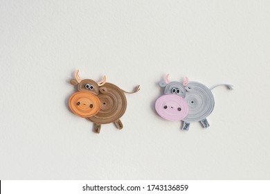 Funny Cows Quilling Character. Cows Farm Animal, Cattle Mammal. Wild Beef.  Hand Made Of Paper Quilling Technique.