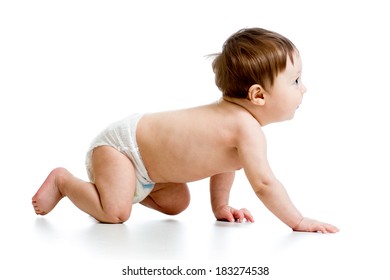 funny crawling baby boy isolated on white background