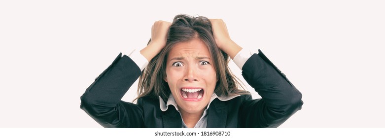 Funny Crazy Asian Business Woman Screaming In Panic Over Stress At Work. Mental Health, Anxiety, Stressed Out Concept Panoramic.