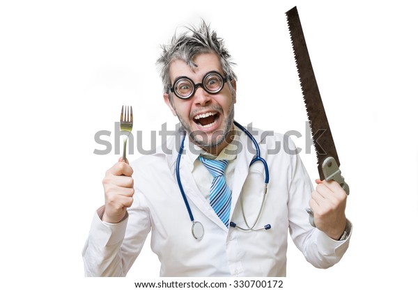 Funny Crazy Doctor Laughing Holds Saw Stock Photo (edit Now) 330700172