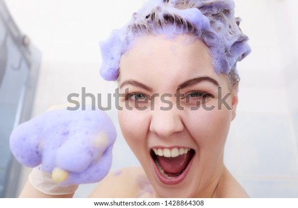 Funny Crazy Woman Having Coloring Shampoo Stock Photo Edit Now