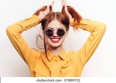 Funny Crazy Woman. Light Background, Sunglasses.