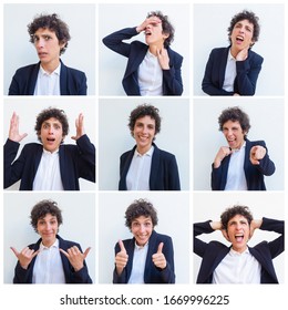 Funny Curly Haired Woman Portrait Set With Different Hand Gestures And Facial Expressions. Business Lady Studio Shot Collage. Multiscreen Montage, Split Screen Collage. Emotions Concept