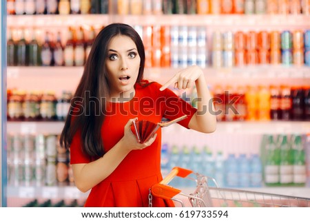 Funny Customer Checking Her Wallet in a Department Store - Broke shopper in a supermarket having no more money

