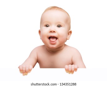 funny cute baby with white blank banner in hand isolated