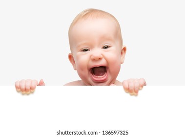 funny cute baby with white blank banner in hand isolated