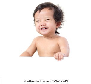 funny cute baby with white blank banner in hand isolated,white background