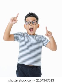 Funny Cutout Portrait Of Young Healthy Asian Boy Wearing Glasses And Casual Horizontal Striped Shirt Shout Out Loud With Surprising, Exciting, Good Idea On Unexpected Opportunity