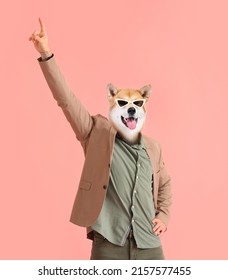 Funny Dancing Dog With Human Body On Pink Background