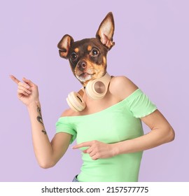 Funny Dancing Dog With Human Body On Lilac Background