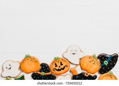 Funny Delicious Ginger Biscuits For Halloween On The Table. Horizontal View From Above