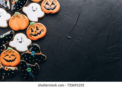 Funny Delicious Ginger Biscuits For Halloween On The Table. Horizontal View From Above