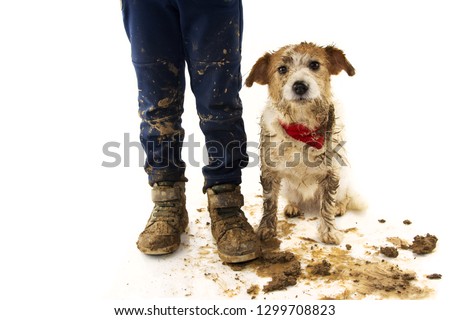 FUNNY DIRTY DOG AND CHILD. JACK RUSSELL DOG AND BOY WEARING BOOTS AFTER PLAY IN A MUD PUDDLE WITH ASHAMED EXPRESSION. ISOLATED STUDIO SHOT AGAINST WHITE BACKGROUND.