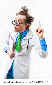 Funny doctor in glasses with notebook