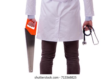Funny doctor with saw isolated on white