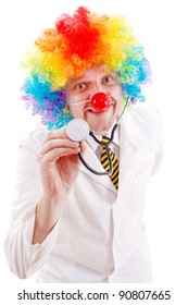 Funny Doctor Wearing Clown Nose And Colorful Wig