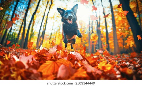 funny dog jumping from pile of autumn leaves in sunny park - Powered by Shutterstock