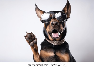 Funny dog in sunglasses showing a rock gesture.